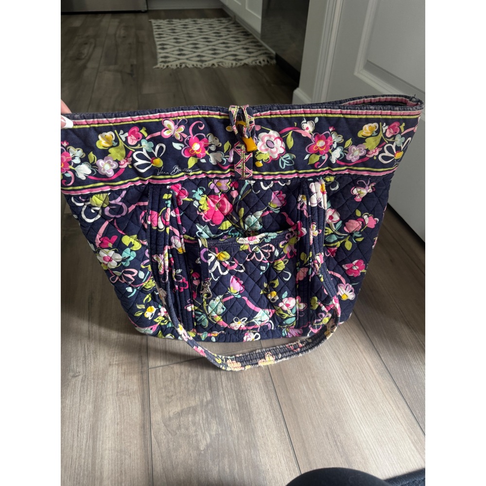 Vera Bradley Ribbons Quilted Cotton Tote Bag Navy Blue Floral Shoulder Bag